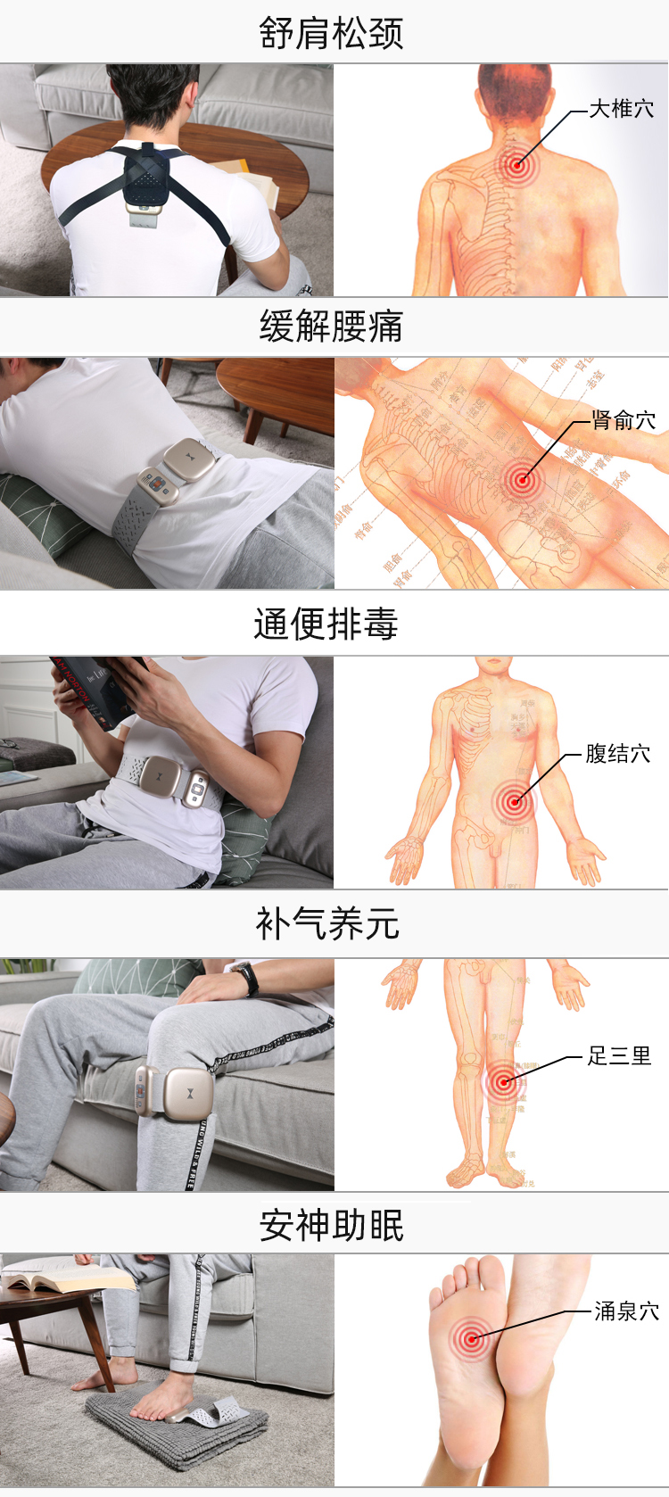 舒肩松頸、緩解腰痛、通便排毒、補(bǔ)氣養(yǎng)元、安神助眠